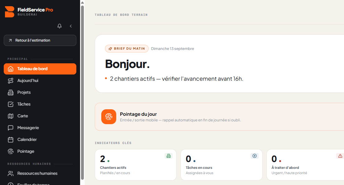 FieldService Pro — tableau de bord terrain BuilderAI